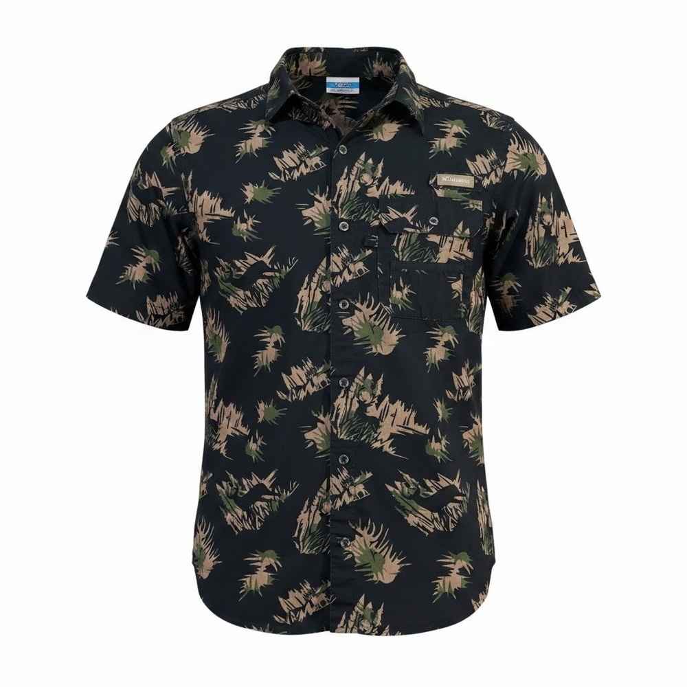 Columbia PHG Mens L Camo Deer Print Black Short Sleeve Fishing Hunting Shirt